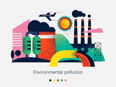 害排放大气水中环境的污染工厂,冒烟的烟囱,害废物排放河里可能矢量彩色插图与纹理与的文本图片