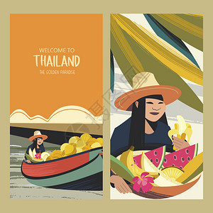 泰国水果贸易商船上泰国水果市场泰国女人戴着顶帽子,带着篮子异国水果矢量彩色插图泰国水果商矢量插图图片