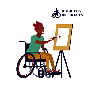 残疾人的爱好兴趣矢量插图个坐轮椅的轻人画画架上残疾人的爱好兴趣矢量插图图片