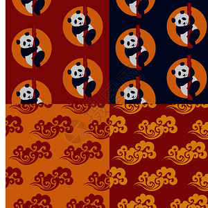 4个无缝图案传统的中国黄金图案红色黄色背景上熊猫图案与中国的老式抽象无缝图案纺品纺品装饰品图片