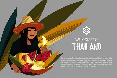 戴帽子的泰国女人着篮子异国水果为了泰国市场欢迎来泰国广告传单模板泰国水果商矢量插图图片