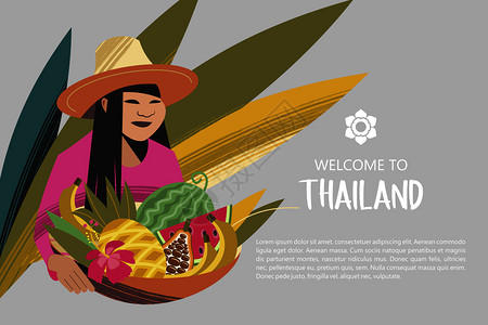 戴帽子的泰国女人着篮子异国水果为了泰国市场欢迎来泰国广告传单模板泰国水果商矢量插图图片