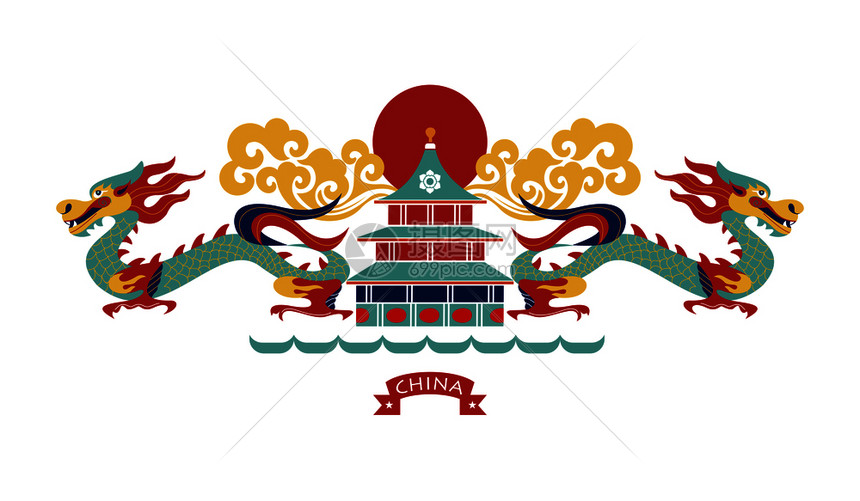 中国龙现代平插图与中国旅游小册子中国的旅游景点平,矢量插图建筑元素旅行的象征中国龙现代平图片