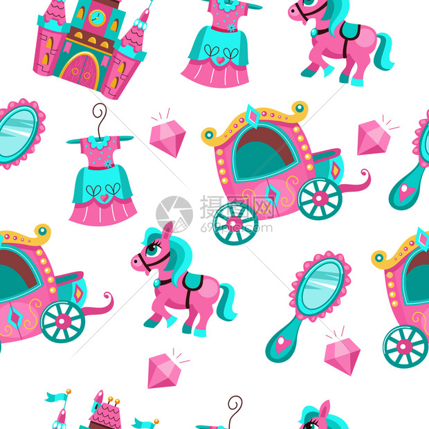 白色背景上的无缝图案粉红色蓝色很棒的配件公主的马车,中世纪的城堡,粉红色的小马,钻石,镜子个美丽的框架,美丽的图片