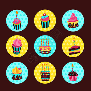 矢量贴纸,标签可爱的生日蛋糕带蜡烛的纸杯蛋糕图片