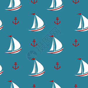 无缝夏季模式蓝色背景上白色帆的游艇小红锚卡通可爱的风格矢量插图暑期背景用于纸张纺品上的印刷夏季无图片