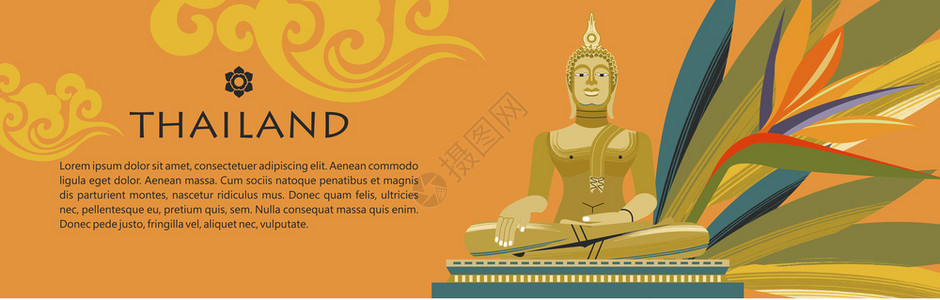 欢迎来泰国旅行社广告传单模板黄金佛像,种宗教象征风插图泰国金色佛像矢量插图图片
