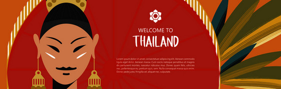 欢迎来泰国旅行社广告传单模板美丽的泰国女孩,红色雨伞异国情调的叶子背景上泰国美丽的女孩穿着泰国民族服装,带着红色雨图片