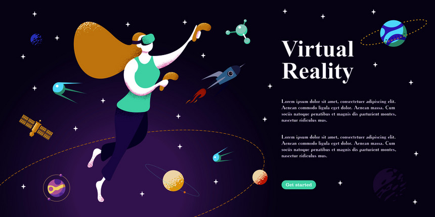 VR的网页虚拟现实与个女孩VR眼镜与想象的宇宙互动矢量插图图片