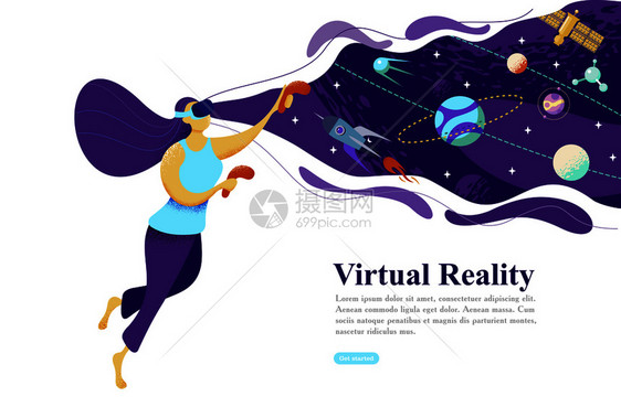 VR的网页虚拟现实与个女孩VR眼镜与想象的宇宙互动矢量插图VR的网页网络飞行的女人图片