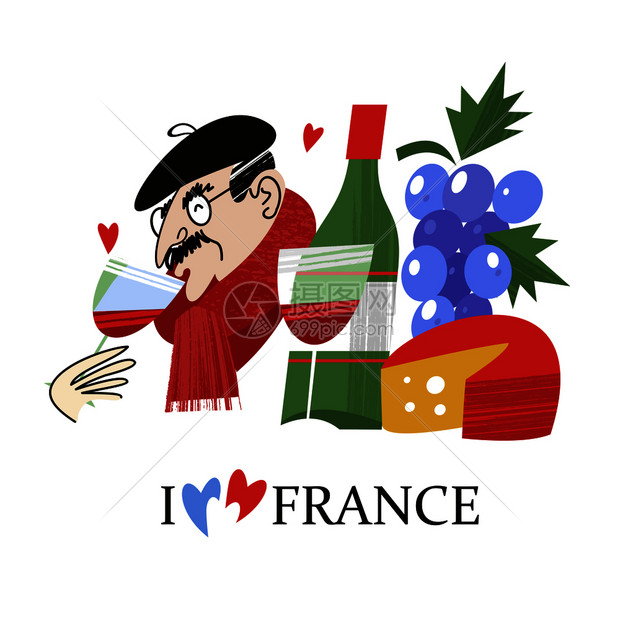 爱法国个穿着黑色贝雷帽的法国人喝葡萄酒瓶法国葡萄酒串葡萄奶酪白色