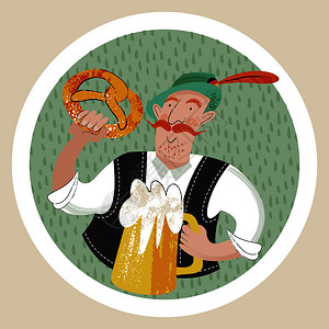 啤酒节啤酒派德国啤酒节穿着传统德国服装的开朗的人,带着杯啤酒个椒盐卷饼矢量手绘插图花样杯垫啤酒节啤酒派图片