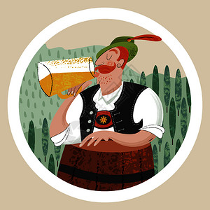 啤酒节啤酒派德国啤酒节穿着传统德国服装杯啤酒的开朗的人矢量手绘插图花样杯垫啤酒节啤酒派德国啤酒节图片