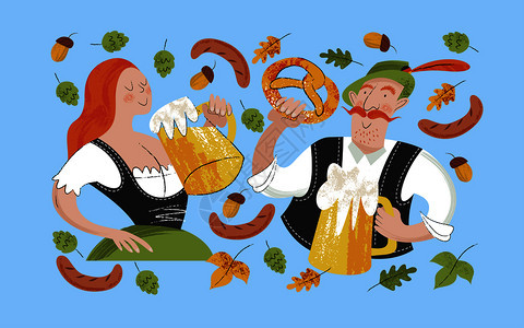 海报啤酒节啤酒节啤酒节个女孩个男人穿传统的德国衣服他们喝大杯子里的啤酒手绘矢量插图文字的啤酒节,啤图片