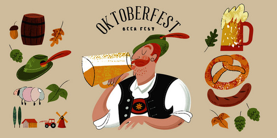 啤酒节德国啤酒节矢量平插图与纹理个戴着泰勒帽子的人喝啤酒啤酒节,啤酒节德国民族服装中的人物喝大杯子里的啤酒图片