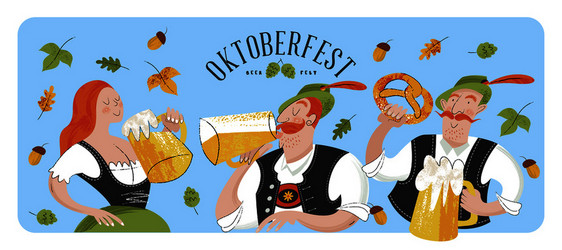 啤酒节德国啤酒节矢量平插图与纹理穿着德国民族服装的男人女人喝着大杯子里的啤酒啤酒节德国民族服装中的人物喝大图片