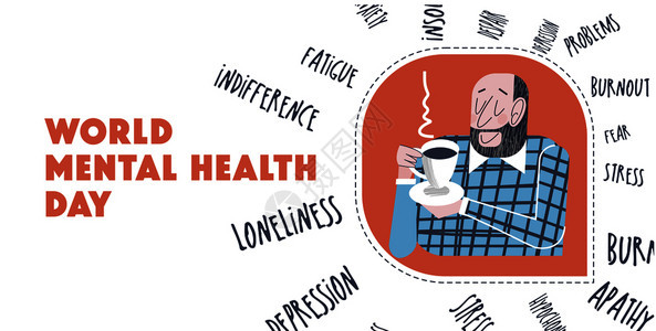 世界心理健康日矢量正插图,横幅,贺卡平静快乐的人喝茶没压力疾病怕他,他绝健康,生活幸福心理健康世图片