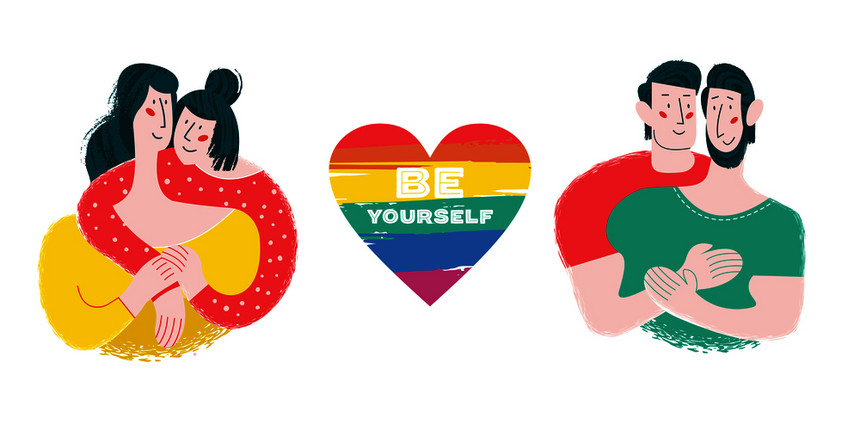 你自己矢量插图关于lgbt权利的海报男女相爱作文的中心颗彩虹之心你