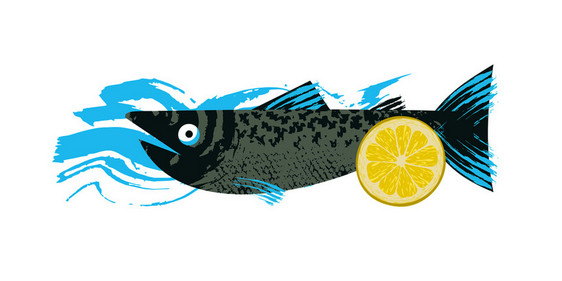 鱼海鲜鲑鱼加柠檬片矢量插图与独特的手绘纹理鱼海鲜鲑鱼加柠檬片蓝色纹理波白色背景上的矢量插图图片