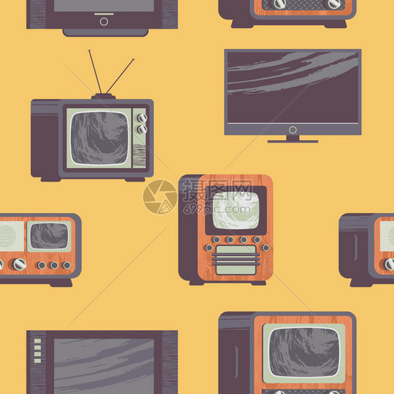 复古风格的无缝图案收集旧古董现代电视无缝图案古老而现代的电视复古风格的矢量插图图片