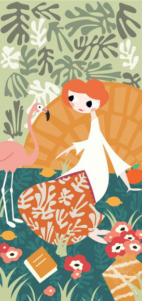 女孩与火烈鸟亨利马蒂斯灵感装饰,矢量插图图片