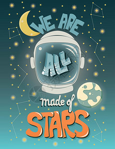 们都由星星的,用A排印现代海报们都用星星的,用宇航员头盔夜空排版现代海报,矢量插图图片