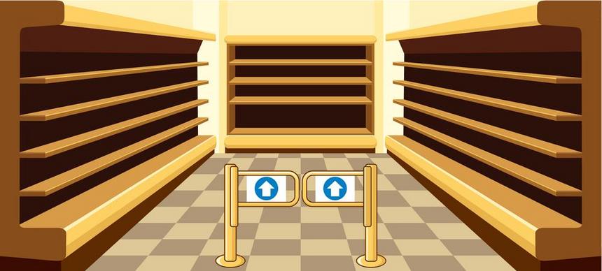 超市的空架子展示窗户商店的内部矢量