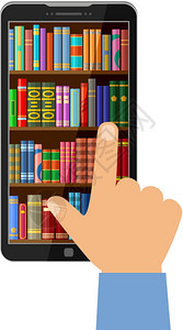 手智能手机屏幕上与数字书籍,线图书馆的矢量插图图片
