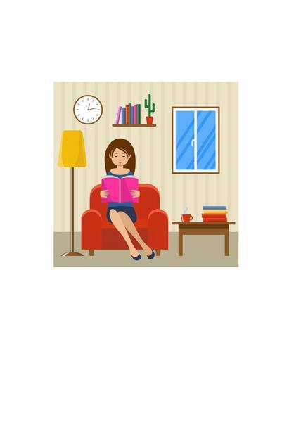 轻的女人坐椅子上看书矢量插图图片