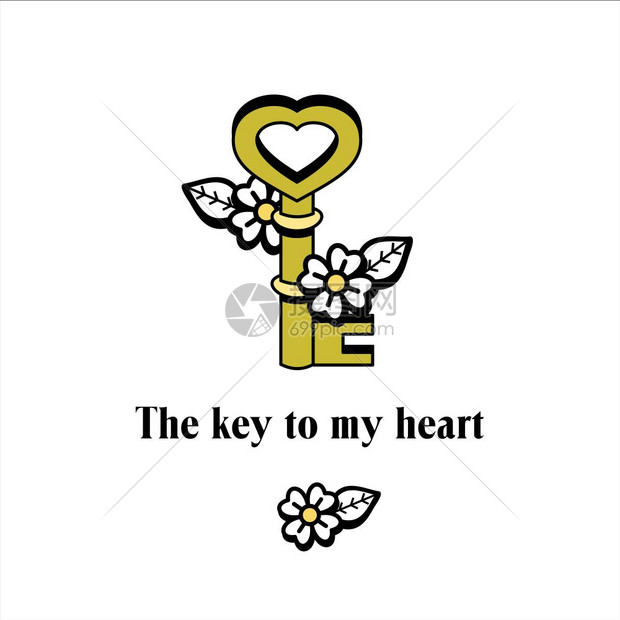心脏的钥匙矢量章情人节明信片的元素,婚礼邀请函图片