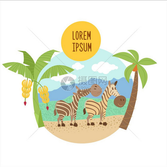 两只条纹斑马站棕榈树下非洲动物矢量插图白色背景上隔离图片