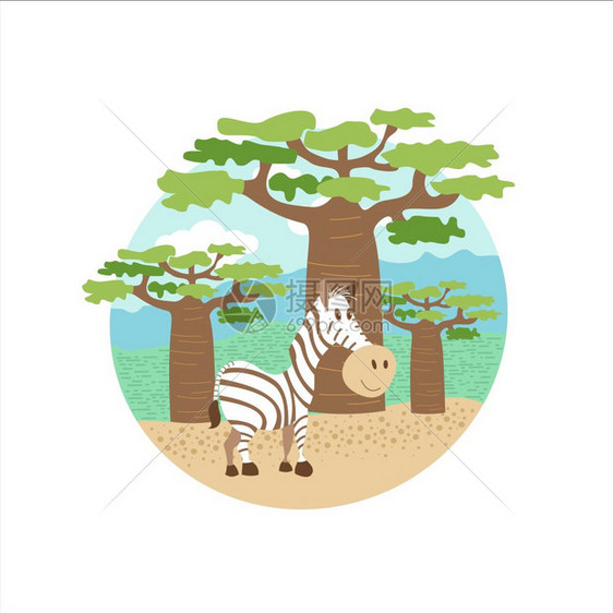 非洲非洲的动物自然可爱的斑马站猴包树的背景上矢量插图白色背景上隔离图片