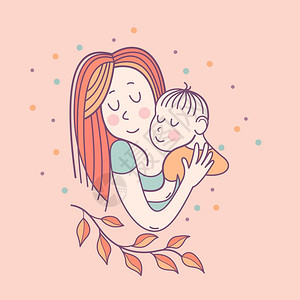 贺卡母亲日个漂亮的母亲抱着可爱的孩子线插图矢量章花的图案图片