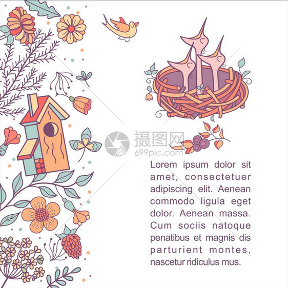 饥饿的小鸡坐巢里用春天的花叶树枝插图个地方文字矢量剪贴画白色背景上隔离图片
