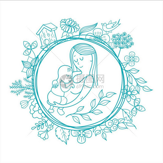 母亲她的孩子线向量插图草药花的花环幸福的母亲童的标志幸福的家庭图片