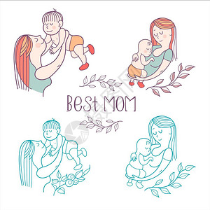 母亲她的孩子线向量插图幸福的母亲童的标志幸福的家庭图片