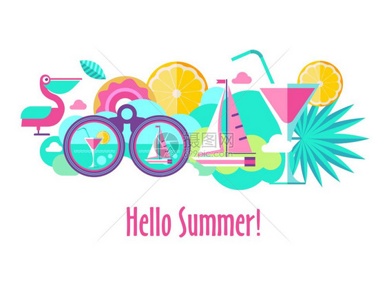 你好,夏天矢量插图套以暑期度假海上度假水果为的剪贴画图片