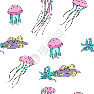 海洋生物的无缝模式水母鱿鱼矢量插图图片