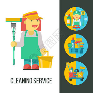 清洁服务手里着拖把水桶的清洁女士平矢量插图,标志集,标专业清洁房屋白色背景上隔离的向量剪辑集套塑图片