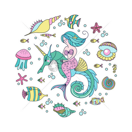 美人鱼,神话生物美人鱼骑着匹海马苏尔美人鱼,神话生物美人鱼骑着匹海马被海鱼贝壳水母包围矢量插图图片