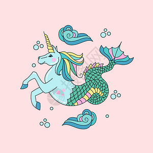 神话生物海独角兽角角的马神话生物海独角兽角鱼尾的马矢量插图图片