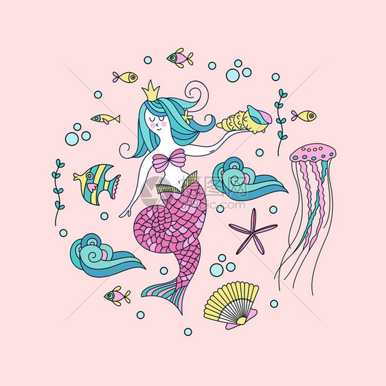 美人鱼,神话生物被海鱼贝壳包围,神话生物被海鱼贝壳水母包围矢量插图白色背景上隔离图片