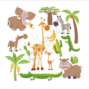 非洲卡通动物非洲非洲卡通动物套可爱的非洲剪贴画动植物长颈鹿,大象,手掌,河马,鳄鱼,香蕉,仙人掌,猴包树图片