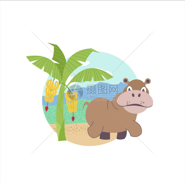非洲卡通动物非洲河马靠近香蕉树矢量插图非洲动植物群白色背景上隔离