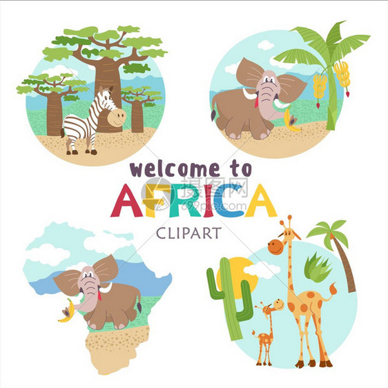 非洲卡通动物非洲非洲卡通动物套可爱的插图,图标长颈鹿,大象斑马欢迎来非洲,矢量插图图片