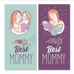 贺卡母亲日最好的妈妈个漂亮的母亲持贺卡母亲日最好的妈妈个漂亮的母亲抱着可爱的孩子线插图矢量图片