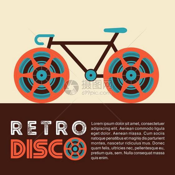 复古迪斯科复古风格的矢量插图海报音乐复古派自行车用胶带线圈代替车轮图片