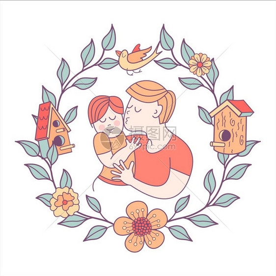 最好的爸爸父亲节矢量插图最好的爸爸父亲节矢量插图教皇抱着个婴儿花圈与鸟鸟舍家庭的象征图片
