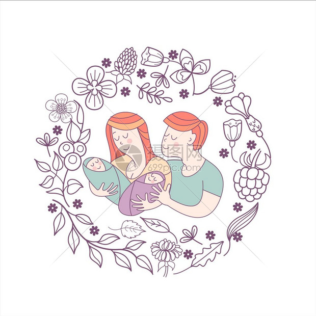 幸福的家庭家庭日矢量插图幸福的家庭家庭日爱方的妈妈 爸爸孩子双胞胎花树枝浆果的框架矢量插图插画图片下载 正版图片 摄图网