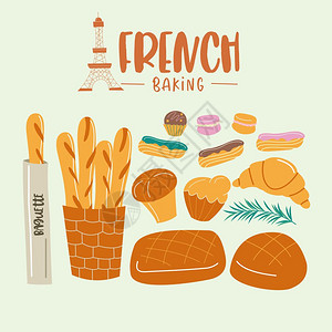 法国菜菜单套法国菜糕点法国包矢量插图篮子里的包,蛋糕,彩色釉,包,黑麦包,牛角包图片
